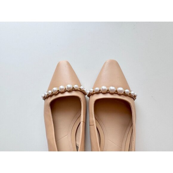 ZARA Tan Beige Leather Pearl Trim Pointed Toe Slingback Ballet Flats, Size 37 - Picture 6 of 14
